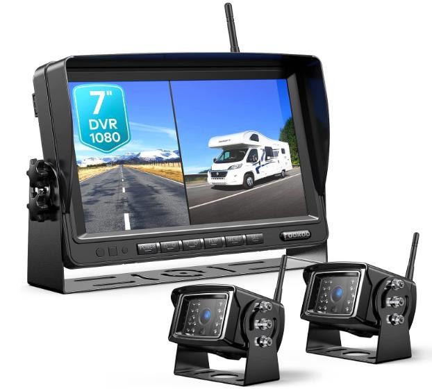 Fookoo 1080P 7" Wireless Backup Camera System, 7" HD Dual/Quad Split Monitor with Recording, IP69 Waterproof Rear View Front View Cameras with Parking Lines, Suits for RV/Truck/Trailer/Van/Bus(DW702)