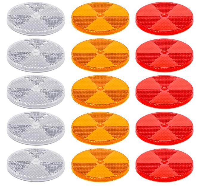 15 Pack 3.165 Inch Round Front Reflector Driveway Trailer Reflectors Reflective Mailbox Reflector Safety Reflectors for Post with Center Mounting Hole for Garage Fence Gate Car Truck, White Red Yellow