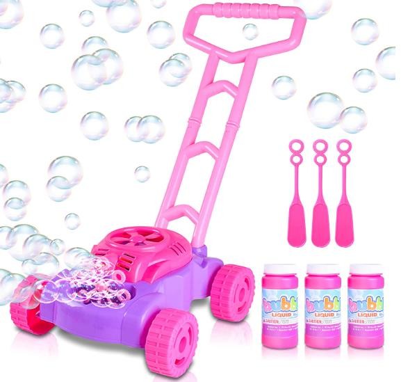 ArtCreativity Pink and Purple Bubble Lawn Mower for Toddlers | Electronic Bubble Blower Machine | Fun Bubbles Blowing Push Toys for Kids | Bubble Solution Included | Christmas Birthday Gift for Girls