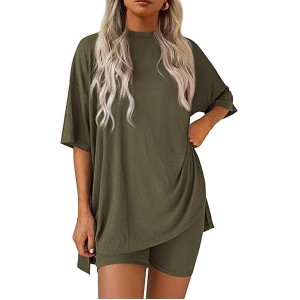 PRETTYGARDEN Women's Two Piece Lounge Set 2025 Summer Casual Oversized Shirts Biker Shorts Matching Airport Travel Outfit