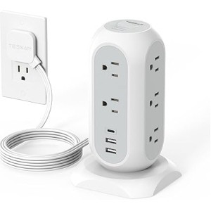 Tower Power Strip Flat Plug with 11 Outlets 3 USB (1 USB C), TESSAN Surge Protector Tower 1625W/13A,1050J Protection, 6 Feet Extension Cord with Multiple Outlets, Office Desk Supplies, Dorm Essentials