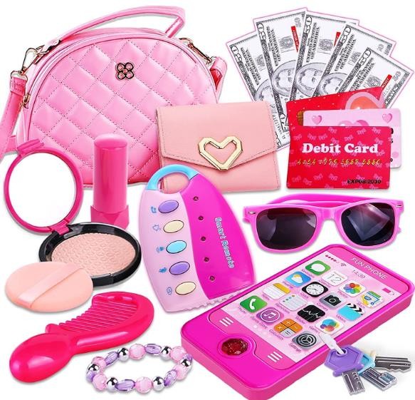 Peertoys Kids Makeup Kit Girls Purse - Cute Pretend Cosmetics Mini Bag Toy Cell Phone Wallet Money Credit Card Accessories Kit Gifts Baby Girl Princess Toddler Ages 3,4,5,6,7,8,9,10,11,12 Years Old