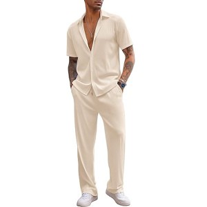 COOFANDY Men's 2 Piece Outfit Casual Short Sleeve Button Down Shirt Beach Summer Loose Pant Sets