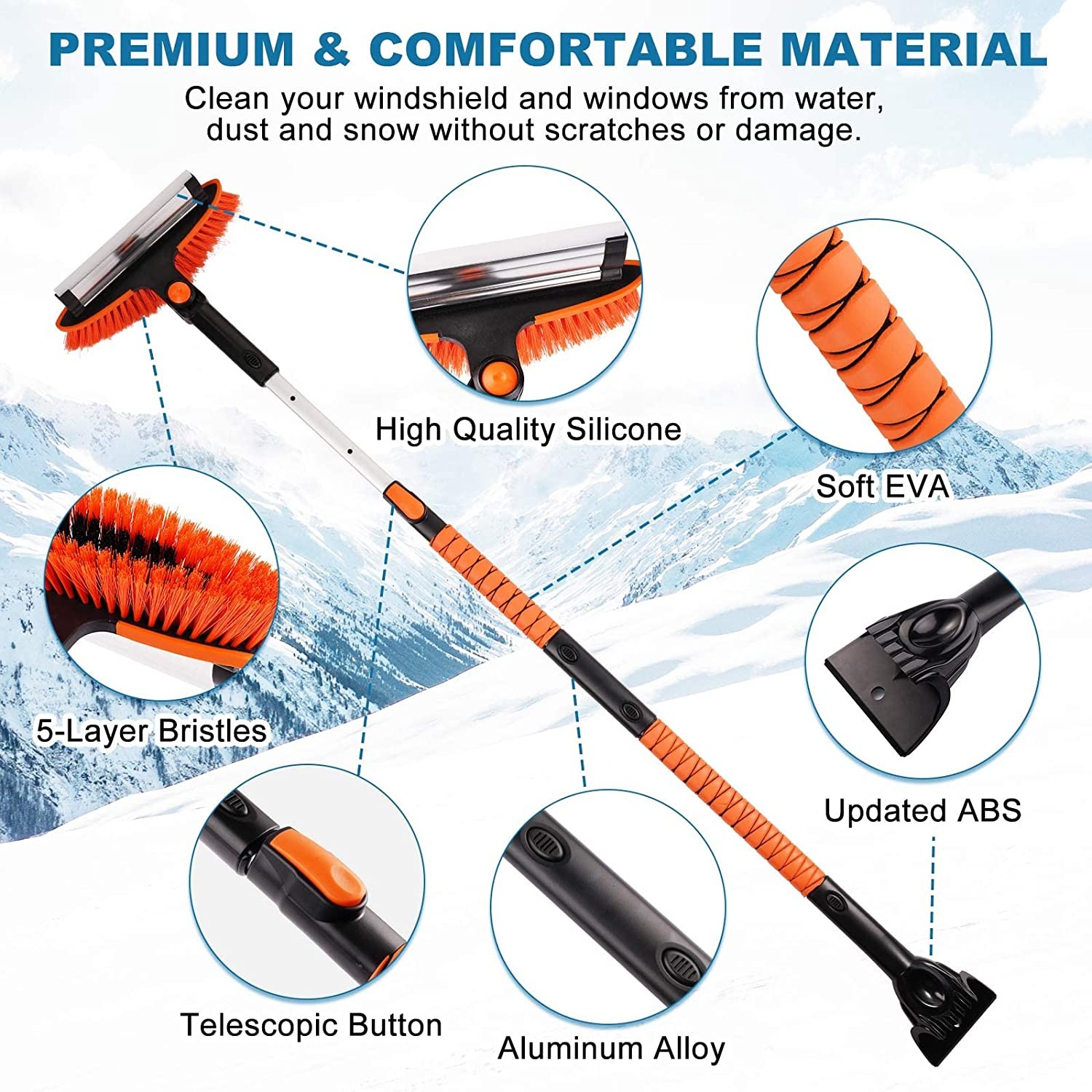 Canvcle 55'' Ice Scraper and Extendable Snow Brush for Car Windshield Snow Shovel with Foam Grip and 270° Pivoting Brush Head for Christmas Car Auto Truck SUV