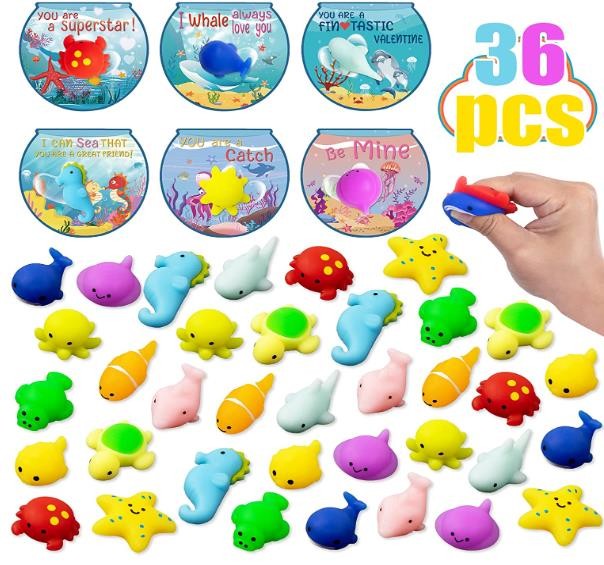 Ptyfavor Kids Valentines Day Gifts for School - 36 Pack Valentines Gift Cards with Squishies Sea Animal Toys for School Class Exchange Gifts,  Boys Girls Toddlers Valentines Gifts