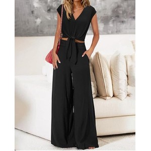 PRETTYGARDEN Women's Summer 2 Piece Outfits 2025 Cap Sleeve V Neck Belted Crop Tops Wide Leg Pant Sets Casual Tracksuit