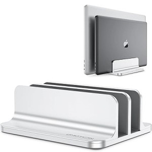 OMOTON [Updated Dock Version Vertical Laptop Stand, Double Desktop Stand Holder with Adjustable Dock (Up to 17.3 inch), Fits All MacBook/Surface/Samsung/HP/Dell/Chrome Book (Silver)