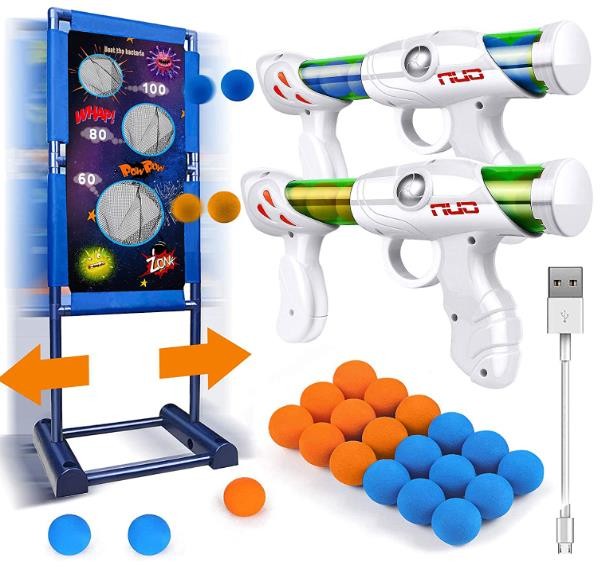 Kaufam Gun Toy Gift for Boys Age of 4 5 6 7 8 9 10 10+ Years Old Kids Girls for Birthday with Moving Shooting Target 2 Blaster Gun and 18 Foam Balls Compatible with Nerf Guns