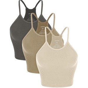 ODODOS Women's Crop 3-Pack Seamless Rib-Knit Camisole Crop Tank Tops