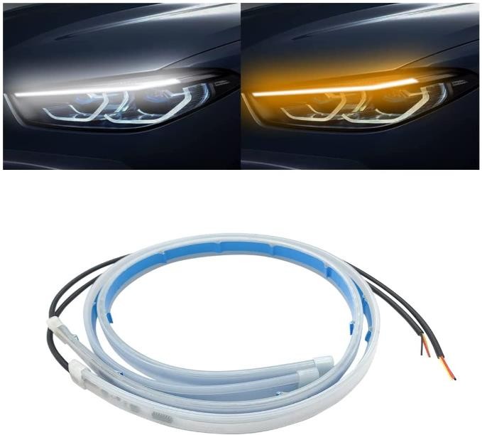 LED Headlight Strip Tube Light, 24 Inch Flexible DRL Daytime Running Light, Waterproof Switchback Sequential Flowing Turn Signal Lamp, Auto Decor Accessories Universal for Most Cars (White/Yellow)