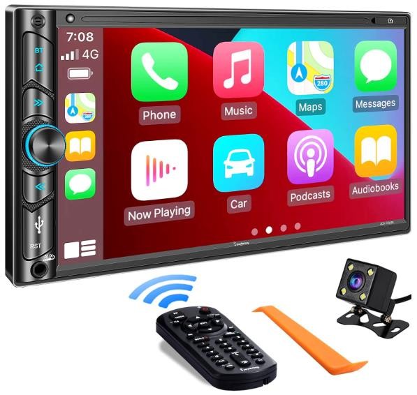 Double Din Car Stereo Compatible with Voice Control Apple Carplay - 7 Inch HD LCD Touchscreen Monitor, Bluetooth, Subwoofer, USB/SD Port, A/V Input, AM/FM Car Radio Receiver, Backup Camera