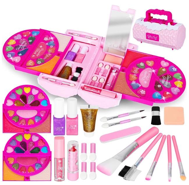 Kids Makeup Kit for Girls, 60 Pcs Little Girls Princess Toys Real Washable Pretend Play Cosmetic Beauty Makeup Set, Non-Toxic & Safe, Birthday Gifts Toys for 3 4 5 6 7 8 9 10 Year Old Girls Toddlers