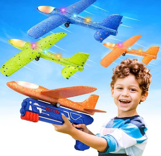 Fuwidvia 3 Pack Airplane Launcher Toys, 2 Flight Modes LED Foam Glider Catapult Plane Toy for Boys, Outdoor Flying Toys Birthday Gifts for Boys Girls 4 5 6 7 8 9 10 11 12 Year Old