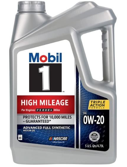 Mobil 1 High Mileage Full Synthetic Motor Oil 0W-20, 5 Quart, Gray